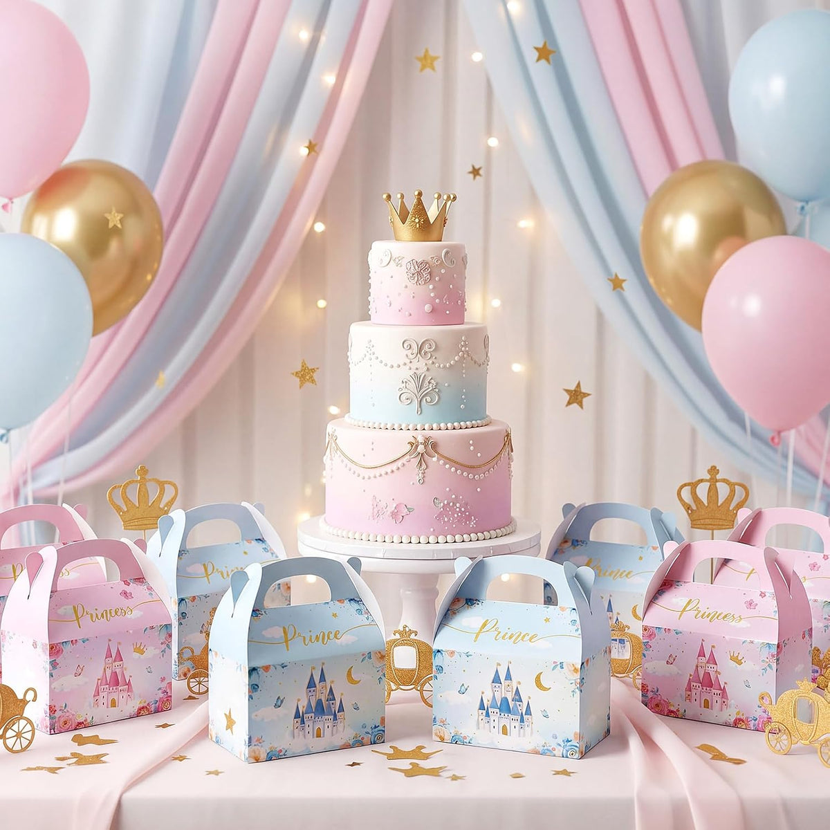 Nezyo 60 Pcs Princess and Prince Treat Boxes - Pink & Blue Crown Cardboard Goodie Boxes for Birthday Party Favors (Prince and Princess)