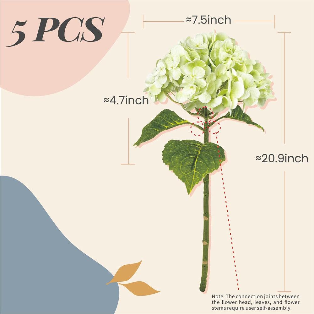 21In Light Green Artificial Hydrangea Flowers with Stems 5 Pcs