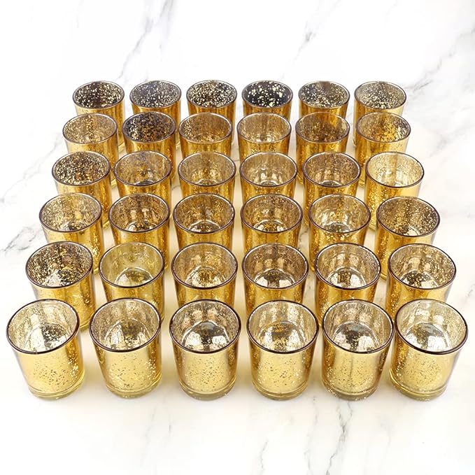 Gold Mercury Glass Tea Light Holders Set of 36 - Elegant Votive Candle Holders for Weddings, Showers and Home Decor - Perfect for Table Centerpieces and Parties (Glass, Gold)