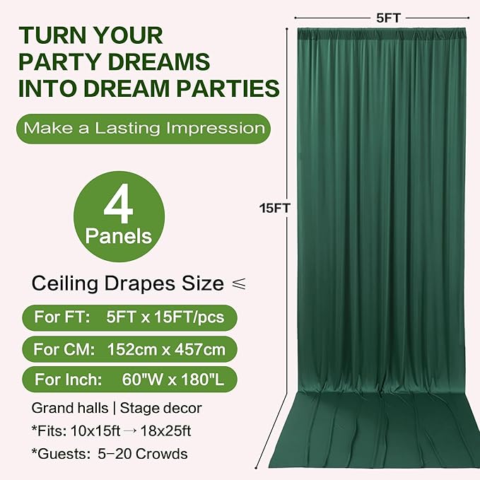 PartyVillage 20ft×15ft Forest Green Backdrop Curtain for Wedding Parties, 4 Panels Wrinkle Free 15 FT Long Polyester Photo Backdrop Drapes Back Drop Cloth for Birthday Photography Background