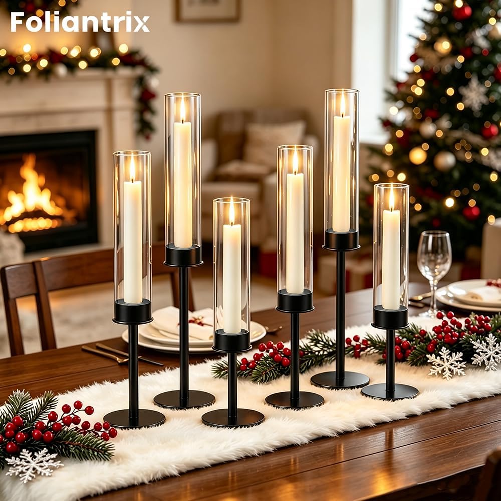 Black Taper Candle Holders Set of 6, Glass Hurricane Candlestick Holders
