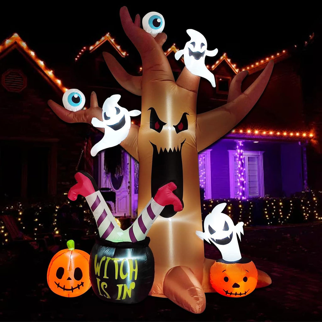 8 Ft Halloween Inflatables Outdoor Decorations - Outdoor Spooky Halloween Tree with Blow up Ghosts, Eyeballs, Pumpkins, Cauldron & Witch Legs - Built-in LED Lights for Outdoor Lawn Decor