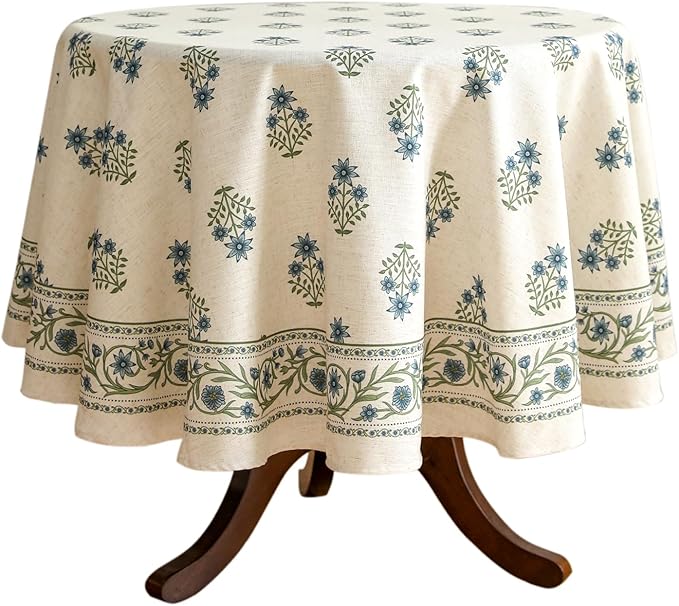ISAENNE Designer White Linen Round Tablecloth,Chinoiserie Floral Elegant Indoor Table Cloth,Fall Stain Proof Decor Tablecloths for Dining Thanksgiving Kitchen,Diameter 67"-Mosella F