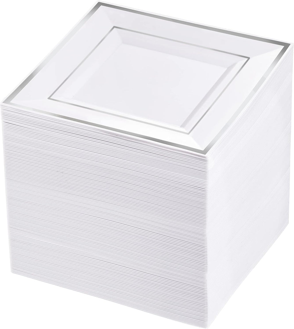 bUCLA 100PCS White and Silver Square Plastic Plates - 6inch Disposable Dessert Plates - Suitable for Weddings, Parties, Christmas