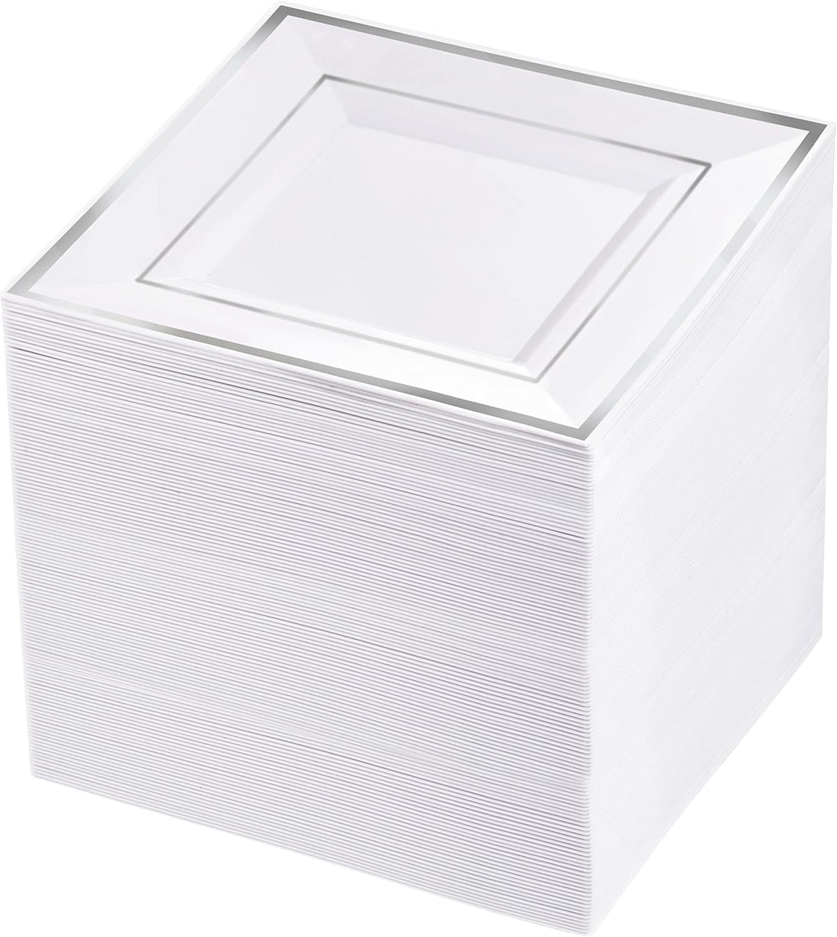 bUCLA 100PCS White and Silver Square Plastic Plates - 6inch Disposable Dessert Plates - Suitable for Weddings, Parties, Christmas