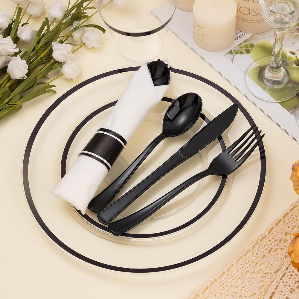 BESTSTAR 350 PCS Clear and Black Disposable Plastic Plate Set for 50 Guests