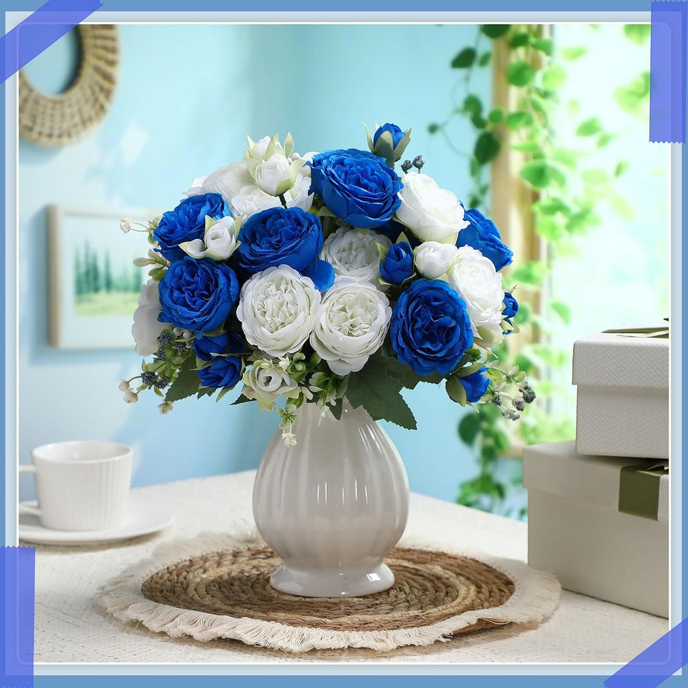 8 Bundles Artificial Peonies Flowers,Royal Blue, White