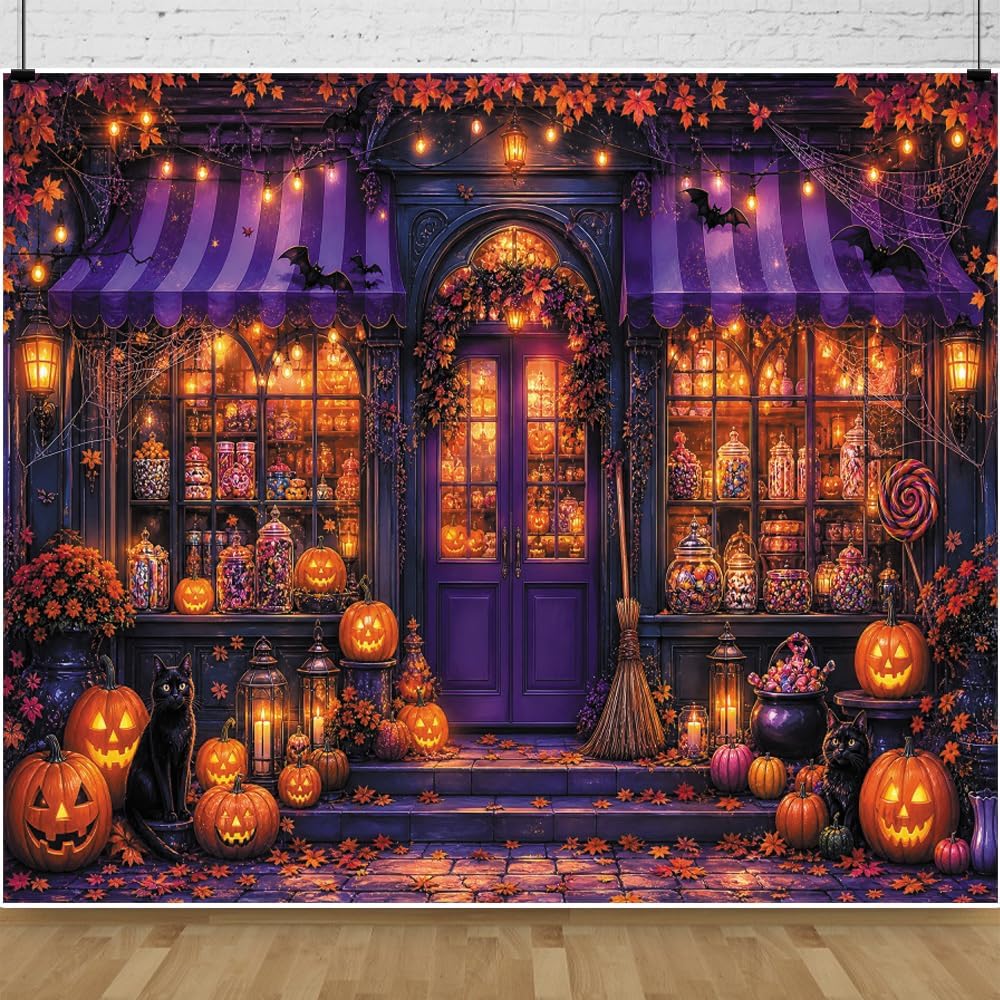 10x8ft Halloween Candy Shop Photography Backdrop Magic Witch Pumpkin Banner