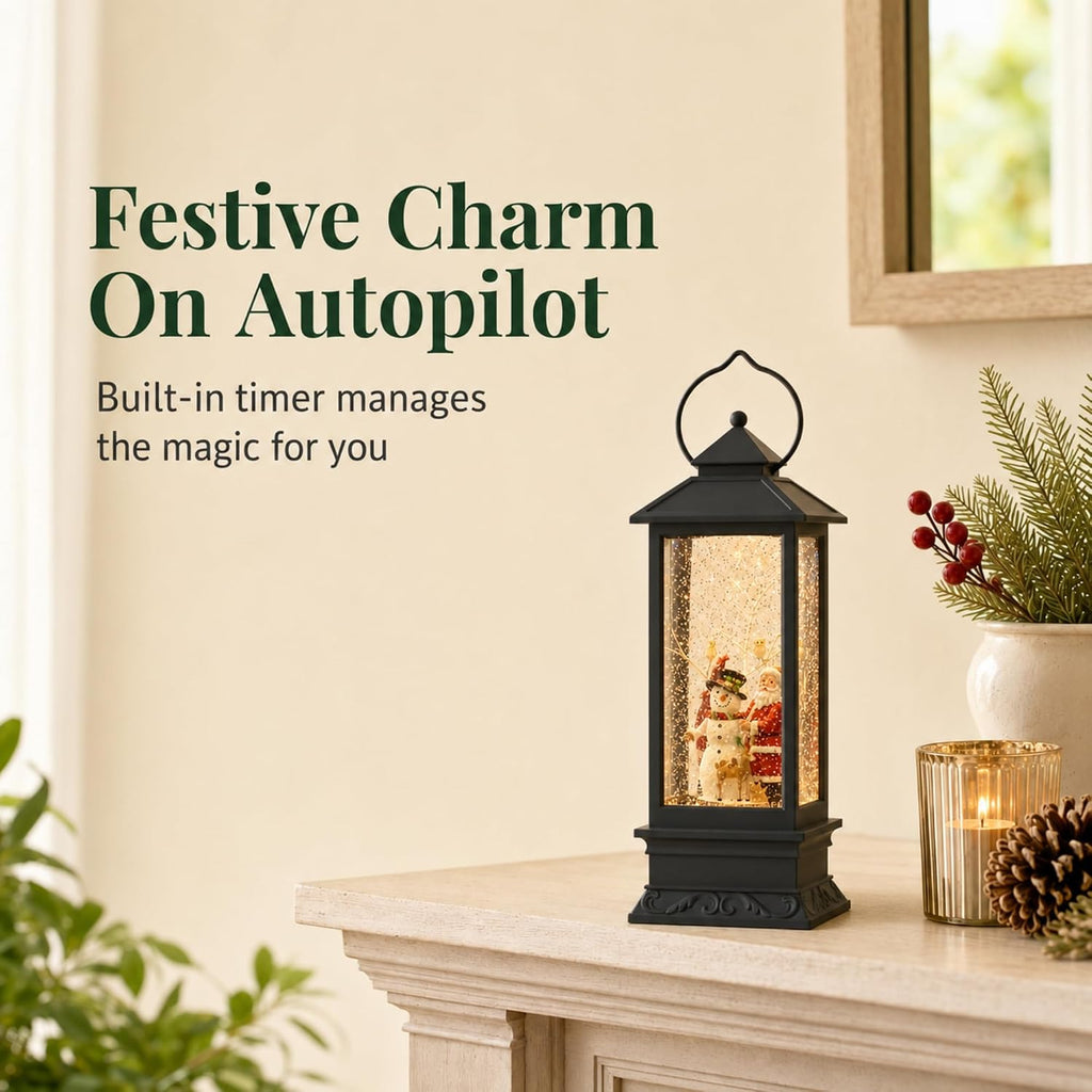 lighted snow globe lantern: 11 inch, black holiday shown in use