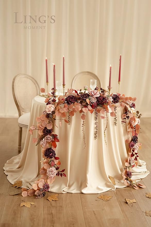 Ling's moment 9FT Eucalyptus and Willow Leaf Garland with White Flower, Handcrafted Wedding Sweetheart Table Centerpieces Head Table Decor Arch Backdrop Decorations for Wedding | Burgundy & Dusty rose