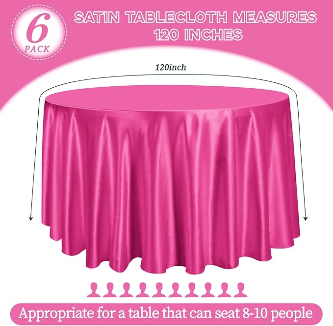 fani 6 Pack 120 Inch Hot Pink Satin Tablecloth - Silky Round Tablecloth Overlay Smooth Fabric Table Cover, Bright Table Decoration for Wedding Party Banquet Events Restaurant Kitchen Dining