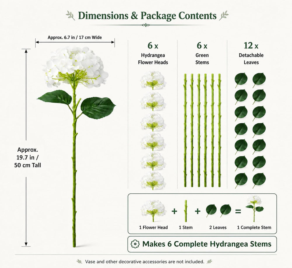 6 Stems White Hydrangea Artificial Flowers Real Touch 19.7in