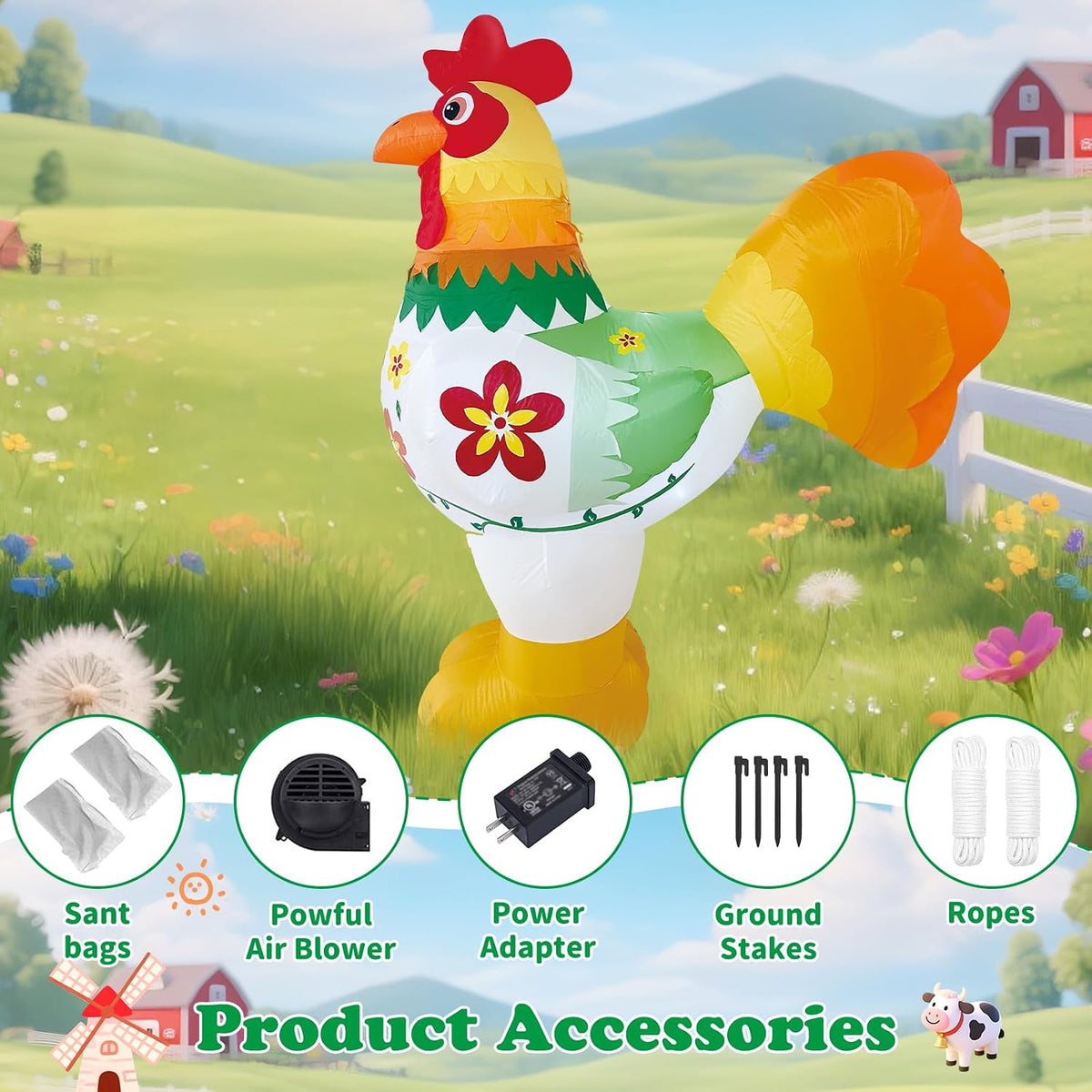 6ft christmas spring farm ranch rooster inflatables cute showing dimensions