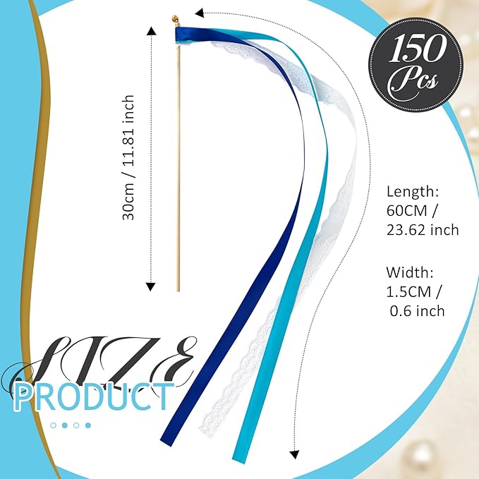 Taiyin 150 Pcs Lace Ribbon Stick Wands Wedding Wand Streamers with Bell Silk Ribbon Fairy Wand Wedding Send Off Streamer for Baby Shower Holiday Party Favors(Dark Blue,Light Blue)
