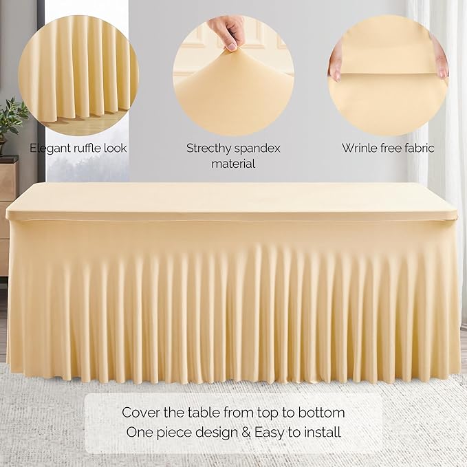 2 Pack Champagne Spandex Table Clothes for 4 Foot Rectangle Tables, 4FT Wrinkle Free Fitted Tablecloths Ruffles Design Table Cover for Party, Banquet, Wedding and Events