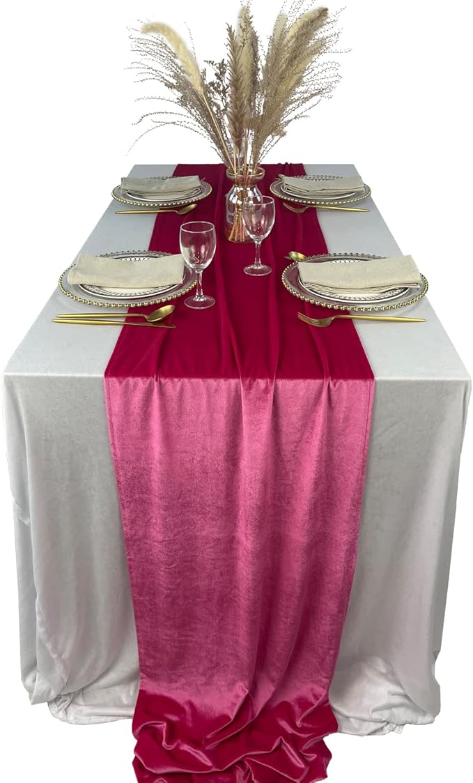 Velvet Table Runner, 10ft Luxurious Wedding Reception Decorations Soft Velvet Fabric Table Linen Overlay for Party (20 x 120 inch, Hot Pink)