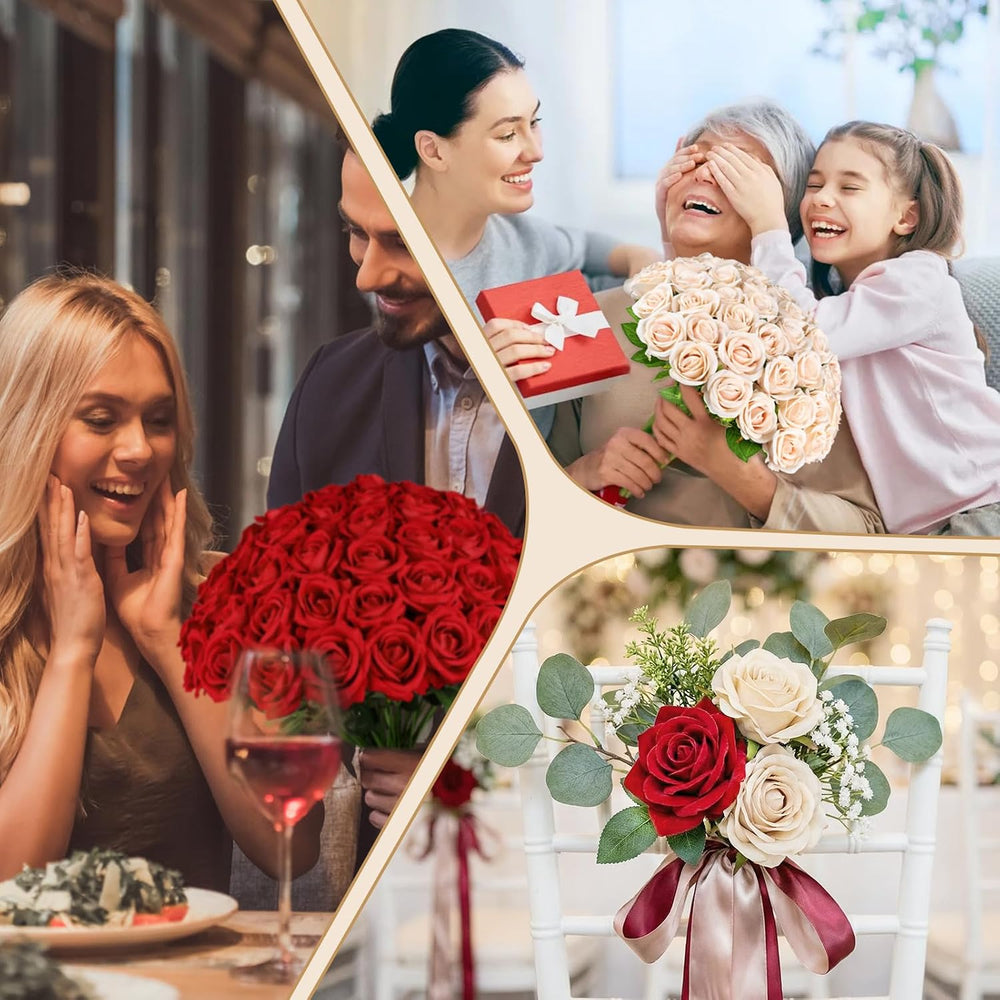 AmyHomie 48 PCS Red Roses, Velvet Realistic Fake Flowers w/Stems