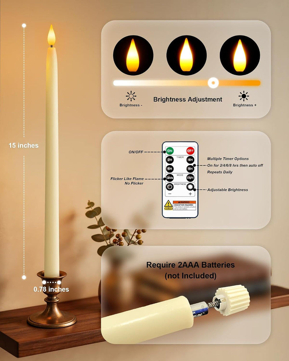 Homemory 15 inches Real Wax Flameless Taper Candles with Remote Timer, 6 Pcs ...