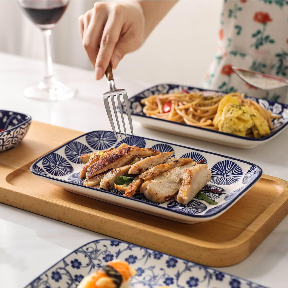 Selamica Ceramic 8 inch Rectangular Salad Plates Set of 6, Vintage Blue