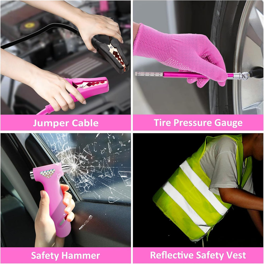 Car Roadside Safety Kit - 129pcs Pink Winter Emergency Road Side Assistance K...