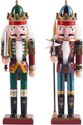 12-Inch Christmas Nutcracker Figurines, Set of 2 Traditional Wooden King & Soldier with Sword & Spear, Handcrafted Standing Holiday Decorations for Fireplace, Shelf, or Tabletop Display