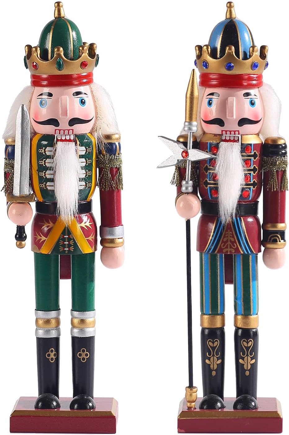 12-Inch Christmas Nutcracker Figurines, Set of 2 Traditional Wooden King & Soldier with Sword & Spear, Handcrafted Standing Holiday Decorations for Fireplace, Shelf, or Tabletop Display