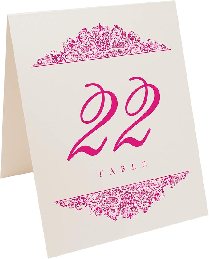 Paisley Wedding Table Numbers (Select Color/Quantity), Champagne, Fuschia, 1-60, Double Sided, Tent or Use in a Stand, Great for Parties & Restaurants - Made in the USA