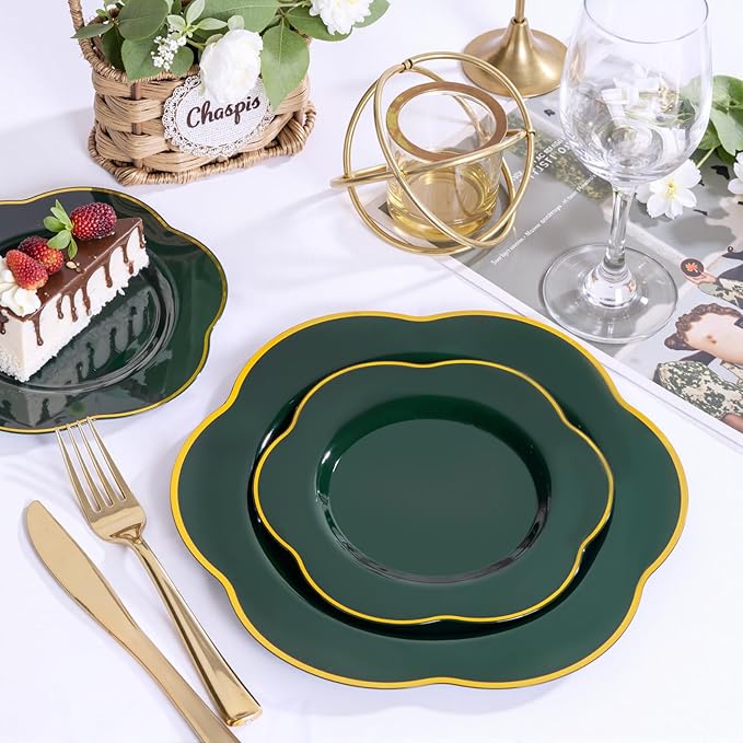 Liacere 50PCS Green Plastic Plates - Heavy Duty Disposable Plate-Green and Gold Include 25PCS Dinner Plate, 25PCS Dessert Plates for Easter&Baby Shower Gifts
