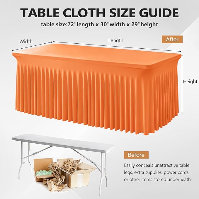 Wish Care 6 Pack Orange Spandex Table Clothes for 6 Foot Rectangle Tables, 6FT Wrinkle Free Fitted Tablecloths Ruffles Design Table Cover for Party, Banquet, Wedding and Events