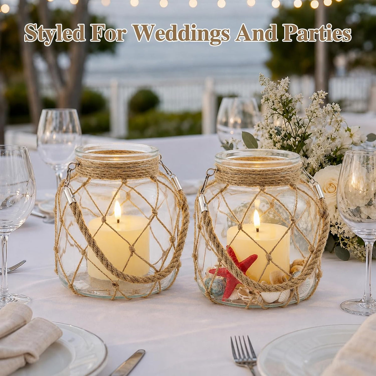 2 Set of Nautical Candle Lanterns, Clear Glass Jar Coastal Decor with Rope Handle, LED Candles, Shells, Red Sea Star for Beach House Decor, Bathroom Table Centerpiece, Wedding Party
