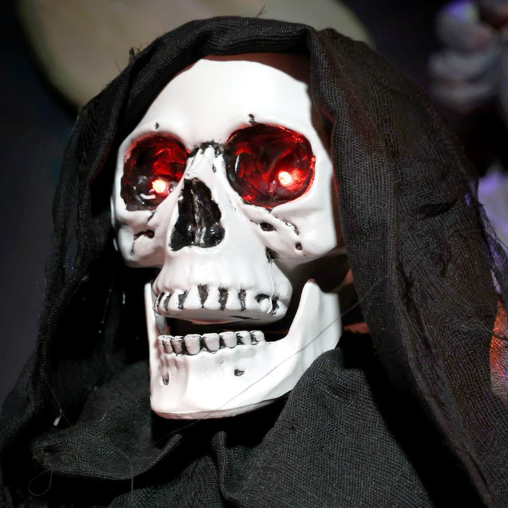Haunted Hill Farm 3.9-Ft. Sitting Reaper w/Hide and Seek Ghost Animatronic