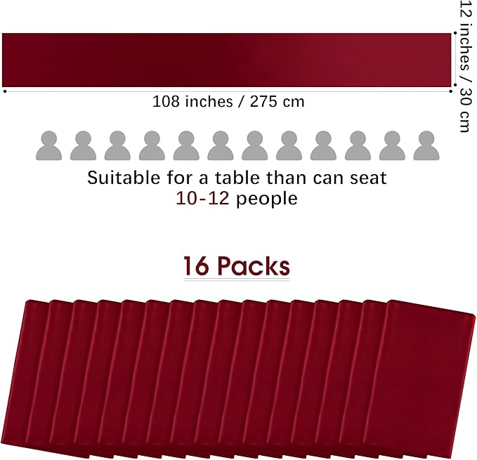 Aneco 16 Pack Satin Table Runner 12 x 108 Inch Burgundy Long Wedding Satin Silk Table Runner for Wedding Banquet Graduations Birthday Party Decoration