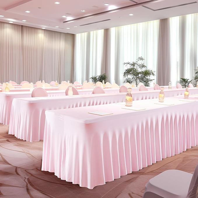 Wish Care 6 Pack Pink Spandex Table Clothes for 8 Foot Rectangle Tables, 8FT Wrinkle Free Fitted Tablecloths Ruffles Design Table Cover for Party, Banquet, Wedding and Events