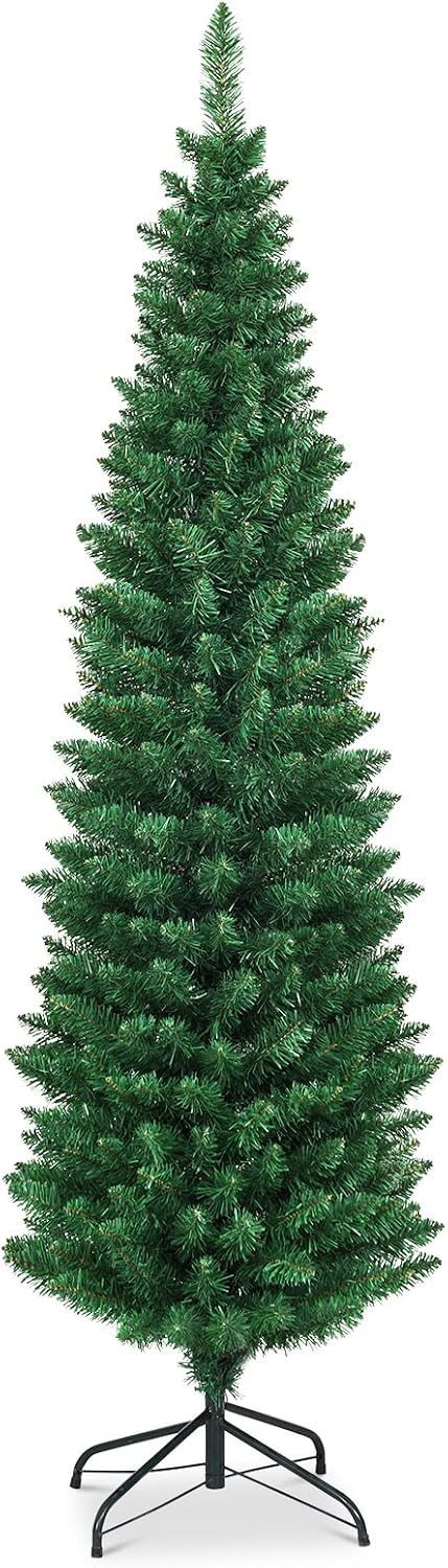 Artificial Pencil Christmas Tree, Premium Hinged Pine Tree with Solid Metal Legs, Perfect for Home, Shops and Holiday Decoration, Green (6FT)