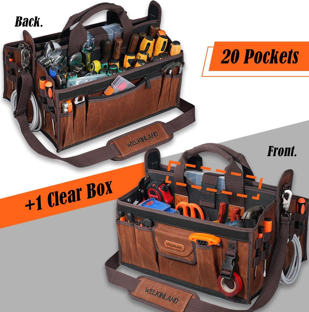 WELKINLAND 21-Pockets Waxed Canvas Tool Tote, 18-Inch Electrician Tool Bag