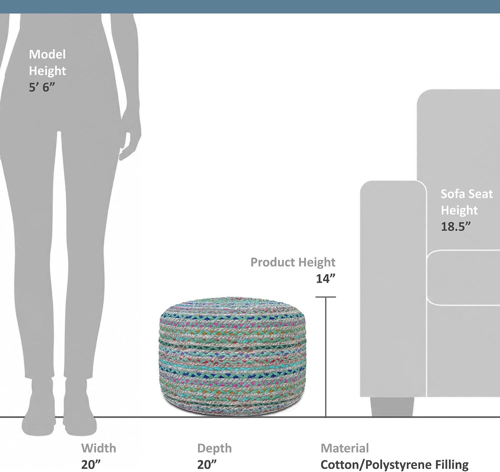 SIMPLIHOME Margo 20" Wide Round Pouf in Multi-Green Jute and Cotton