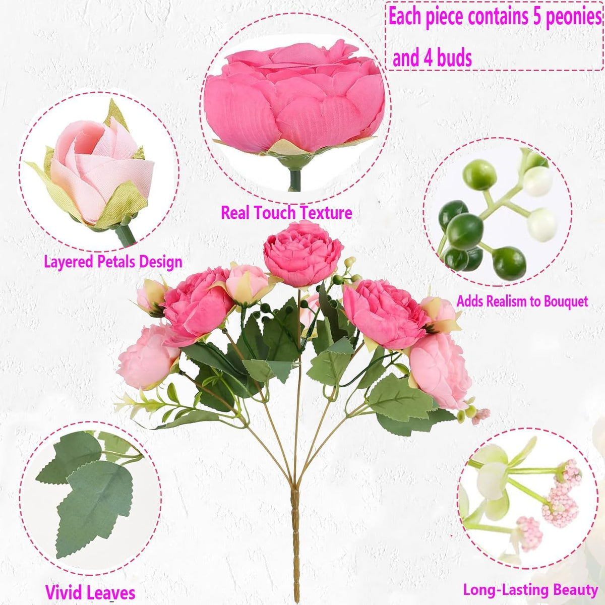 Pink Peonies Artificial Flowers 12 Bouquets,pink Flowers Lifelike Silk Fake Peonies with Stems for Home Table Centerpieces, Wedding, Party & DIY Bridal Floral Arrangements (12, Rose Red + Pink)