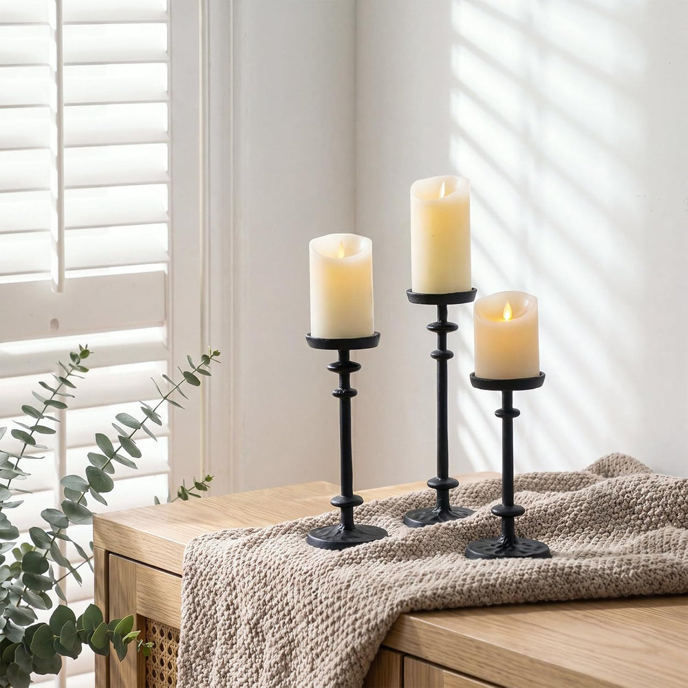 Mumufy 3 Pcs Pillar Candle Holder Set Black Cast Iron Candlestand, 8"10&...