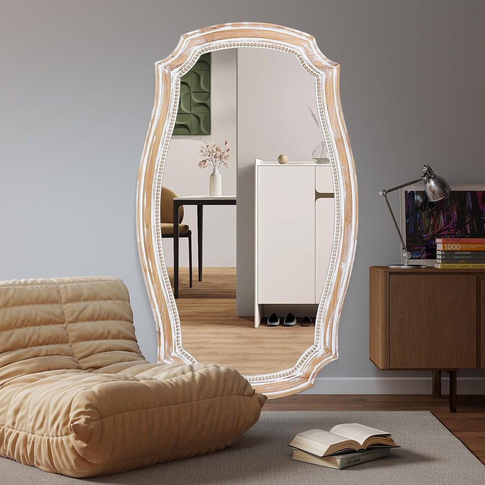 Scalloped Wall Mirror with Wood Frame, 36x24 Inch Distressed Mirrors