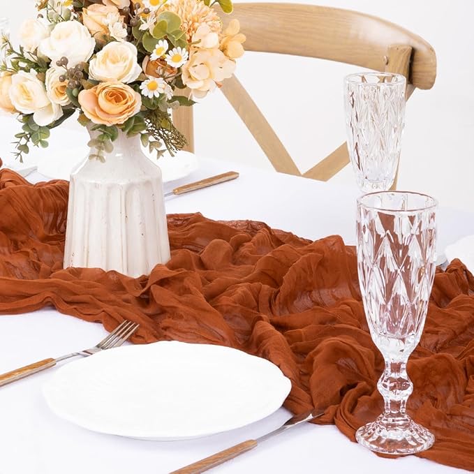 MLMW 6 Pack Fall Thanksgiving Table Runner Cheesecloth Autumn Harvest Rust Terracotta Cheese Cloth Boho Gauze 160 inch Table Runner 13.3ft for Wedding Party Baby Bridal Shower Birthday