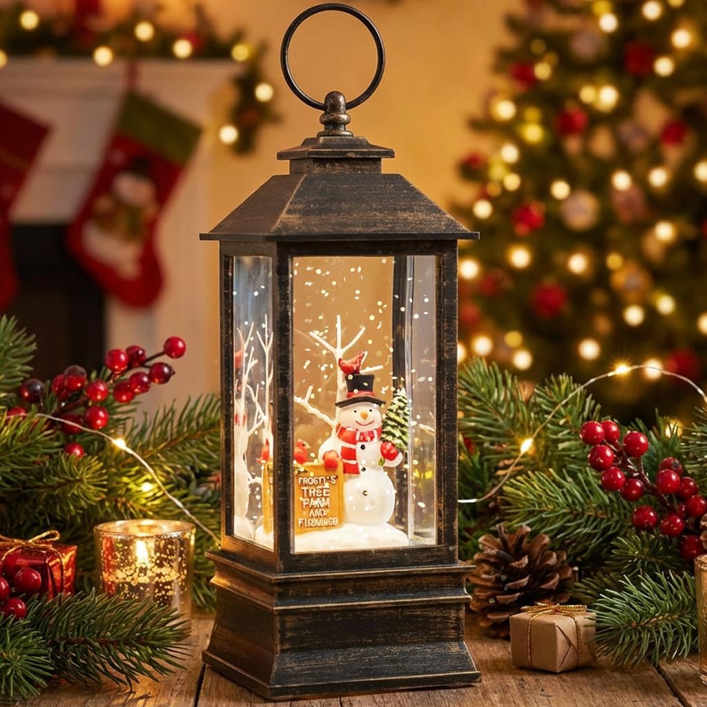 Christmas Snow Globe Lantern, Snowman & Red Cardinal, Lighted Xmas Decor