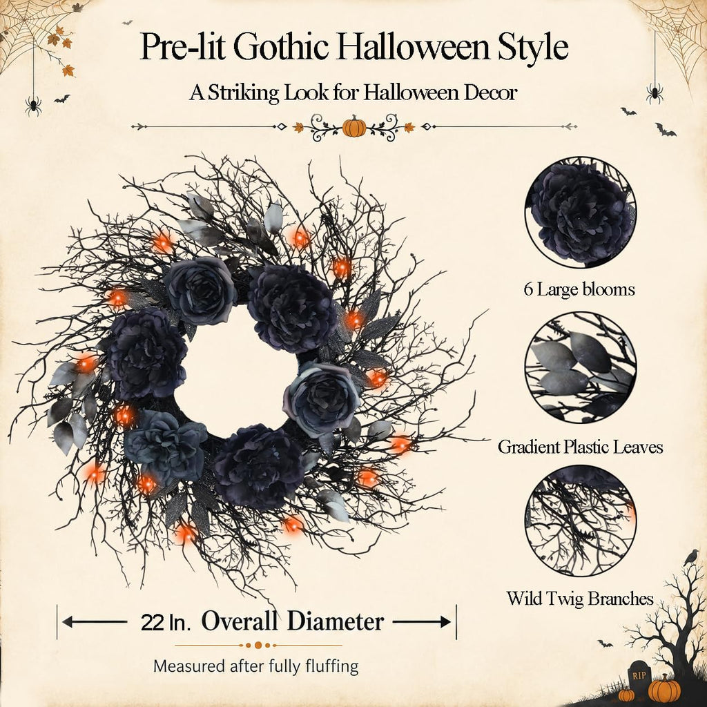22 inch pre-lit black twig halloween wreath for shown in use