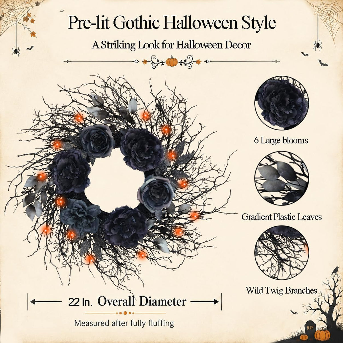 22 inch pre-lit black twig halloween wreath for shown in use