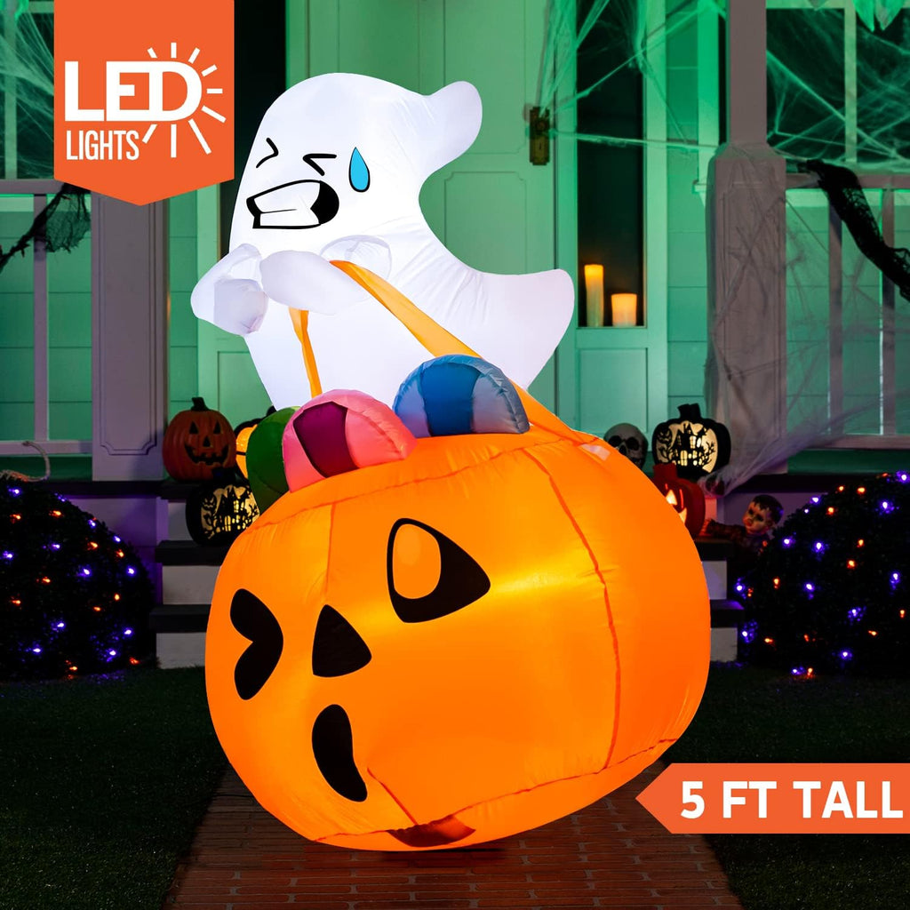 Joiedomi 5 FT Tall Halloween Inflatables Outdoor Decorations, Inflatable Cute Ghost Halloween Decor Outdoor, Blow Up Ghost Lift Pumpkin Candy Bag with Build-in LEDs for Yard Decorations