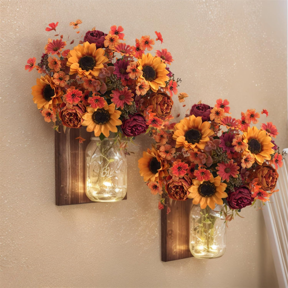Mixed 10 Pcs Fall Artificial Sunflower Peony Bouquet, Yellow Burgundy Silk Fa...