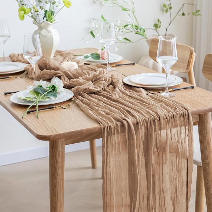 Asee'm 12pcs Cheesecloth Table Runner 120 Inches Long Nude Boho Gauze Cheese Cloth Runner 10FT Rustic Sheer Table Runners for Christmas Wedding Party Baby Shower Spring Easter Decoration