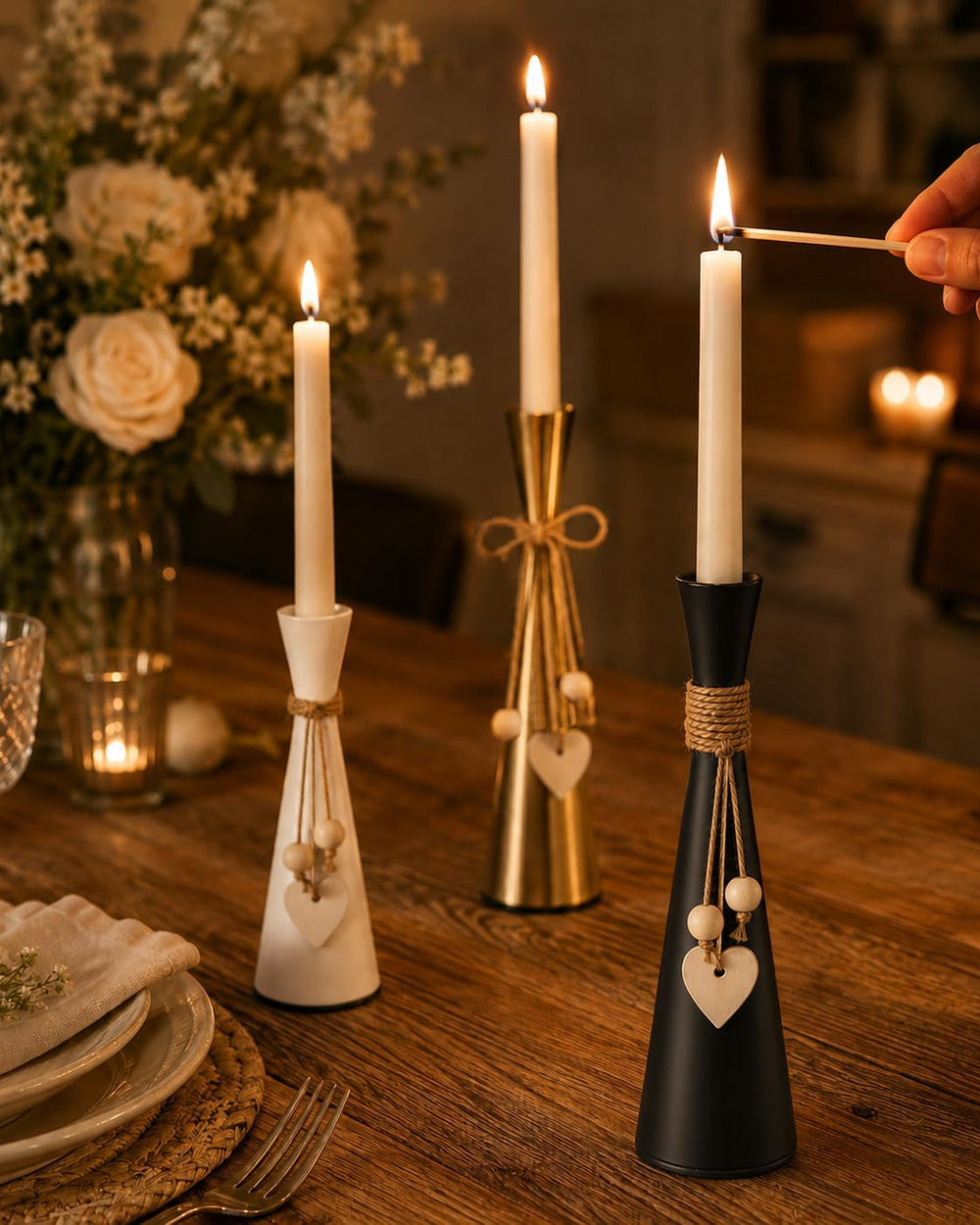 Metal Candlestick Holders Set of 3, Taper Candle Holders with Wood Charms