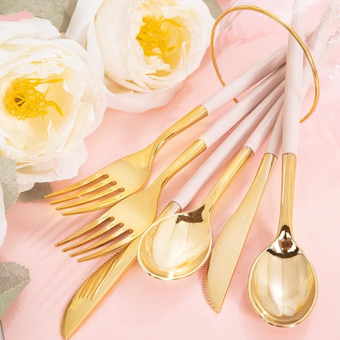 Rubtlamp 90Pcs Gold Plastic Silverware, Gold Plastic Utensils With Pink Handles Include 30 Plastic Gold Knives, 60 Plastic Forks and Spoons, Pink Plastic Silverware Heavy Duty For Party