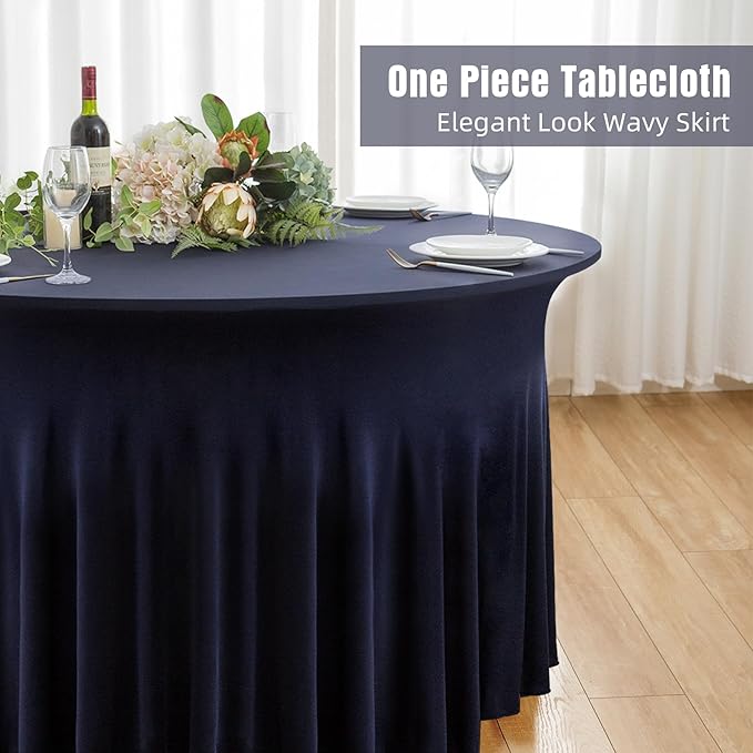 6 Pack Navy Blue Round Spandex Tablecloth 60 Inch, Wrinkle Free Stretch 120 Inch Fitted 5ft Navy Table Cloths Round Table Covers with Ruffle Skirt for Graduation Party Wedding Banquet