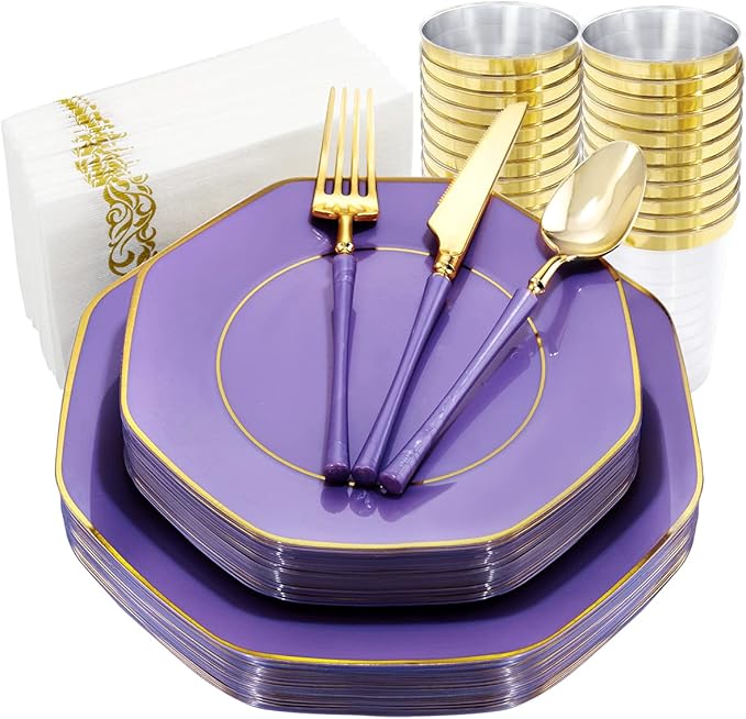 KIRE 140Pcs Purple Plastic Plates with Gold Rim& Gold Disposable Plastic Silverware with Handle&Clear Cups&Hand Napkin- Geometric Purple Plastic Plates for Parties & Mardi Gras plates